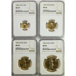 Set of (4) 1986 American Gold Eagle Coins NGC MS69