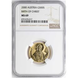 2000 Austria 500 Schillings Birth of Christ Gold Coin NGC MS69