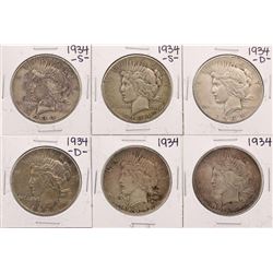 Lot of (2) 1934, (2) 1934-D, & (2) 1934-S $1 Peace Silver Dollar Coins