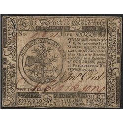 November 29, 1775 $5 Continental Currency Note