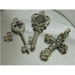 PENDANTS - ASSORTED SKELETON KEY PENDANTS (2), CROSS PENDANT & 925 STERLING SILVER DRAGONFLY PENDANT