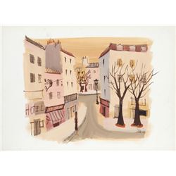 Charles Levier, Paris Street in Peach, Watercolor Painting