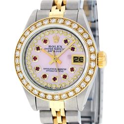 Rolex Ladies 2 Tone 14K Pink MOP Ruby String Diamond Datejust Wristwatch