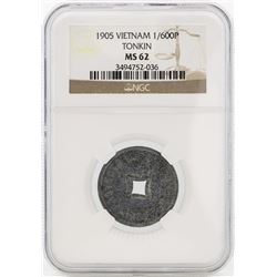 1905 Vietnam Tonkin 1/600 Piastre Coin NGC MS62