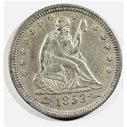 1853 ARROWS & RAYS SEATED QUARTER, AU+