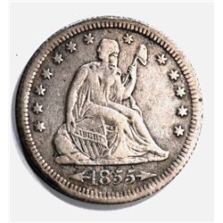 1855-S ARROWS SEATED QUARTER, XF  KEY DATE