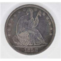 1858 SEATED LIBERTY HALF DOLLAR, AU/BU