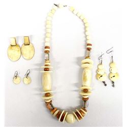 Carved Bone Necklace and 2 Pairs of Earrings