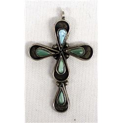 Vintage Zuni Sterling Turquoise Cross Pendant