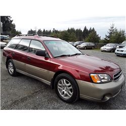 I3 --  2002 SUBARU LEGACY OUTBACK WAGON, RED, 271,750 KMS