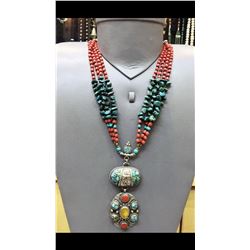 Tibet Hand Made Natural Amber Turquoise Coral Necklace