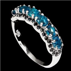 Natural Neon Blue Apatite 7 Black Spinel Ring