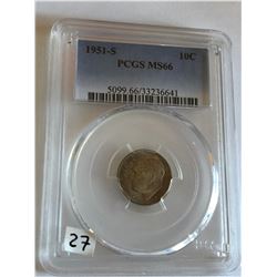 1951 S San Francisco Roosevelt Silver Dime Certified by PCGS MS66 Beautiful Coin