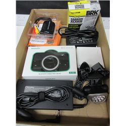 Tray full of Assorted Electronics / New laptop ac adaptors / carbon monoxide