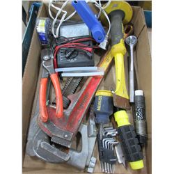 Flat full of Assorted Tools / Ridged Pipe Wrench / voltage tester / glue gun