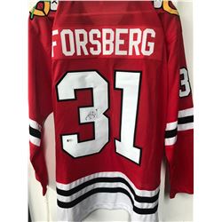 ANTON FORSBERG SIGNED BLACK HAWKS JERSEY (BECKETT COA)