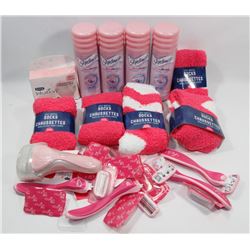 BAG OF RAZORS, SHAVE GEL, AND WINTER SOCKS