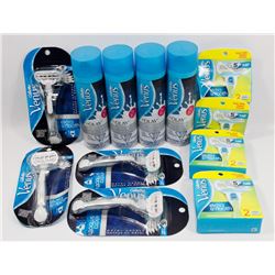 BAG OF ASSORTED RAZORS AND SHAVE GEL