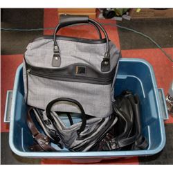 TOTE WITH 3 NEW BAGS AND 2 USED LEATHER BAGS