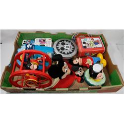 LARGE FLAT OF VINTAGE MICKEY MOUSE COLLECTIBLES