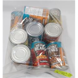 BAG OF ASST CANNED GOODS INCL HEINZ BEANS.