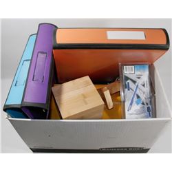 BOX OF LARGE BINDERS AND OFFICE SUPPLIES
