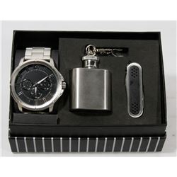 NEW MENS WATCH, FLASK, AND POCKET KNIFE SET