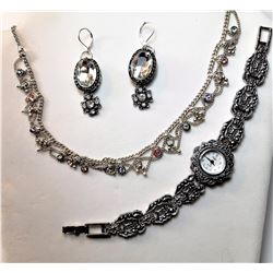 15)  SILVER TONE & CLEAR CRYSTAL SUITE OF