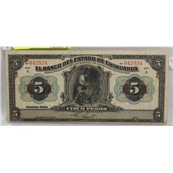 1920'S MEXICO 5 PESO CURRENCY BANK NOTE