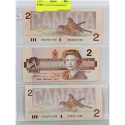 LOT OF 3, LAST OF CANADIAN $2 BILLS