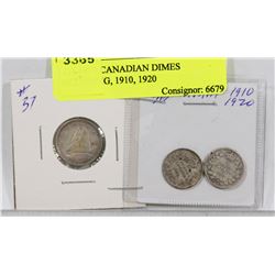LOT OF 3 CANADIAN DIMES INCLUDING, 1910, 1920