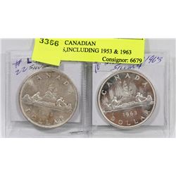 LOT OF 2 CANADIAN DOLLARS, INCLUDING 1953 & 1963