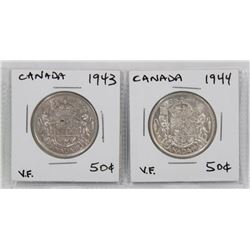 TWO CANADA FIFTY CENT SILVER COINS  1943  1944
