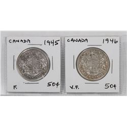 TWO CANADA FIFTY CENT SILVER COINS  1945  1946