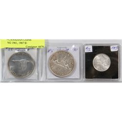 LOT OF 3 CANADIAN COINS INCLUDING 1961, 1967 $1