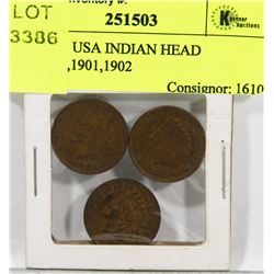 LOT OF 3 USA INDIAN HEAD PENNIES,1901,1902