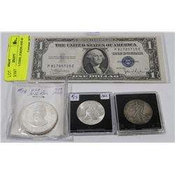 LOT OF USA COINS ,TOKENS AND $1 BILL