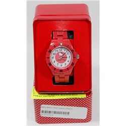 NEW HELLO KITTY WATCH RED STRAP TIN BOX.