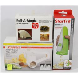 LOT OF 3 KITCHEN GADGETS: ROTARY GRATER, ROLL-A-