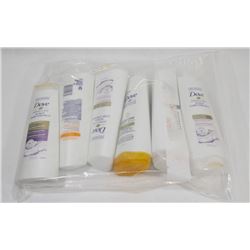 BAG OF ASSORTED DOVE SHAMPOOS AND CONDITIONERS