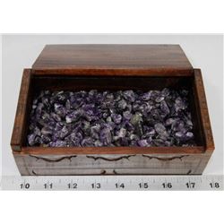 CARVED WOOD DOPHIN BOX FULL OF AMYTHEST STONES