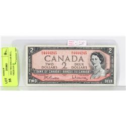 CANADA 1954 TWO DOLLAR BILL; UNIQUE POKER S/N