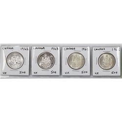 FOUR CANADA FIFTY CENT SILVER COINS 1962-1965 .