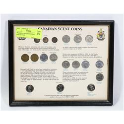 FRAMED CANADIAN 5 CENT COIN COLLECTION.