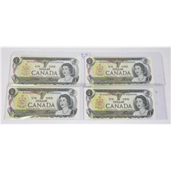 LOT OF FOUR 1973 CANADIAN $1.00 BANKNOTES.
