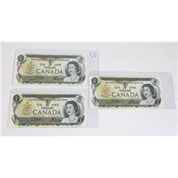 LOT OF THREE 1973 CANADIAN $1.00 BANKNOTES.