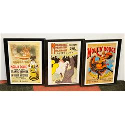 3 FRAMED MOULIN ROUGE PRINTS.