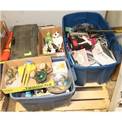 PALLET WITH TOOLS,  ORNAMENTS, HOCKEY AMD MORE