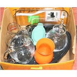 BOX OF ASSORTED HOME INCL ROASTER, ORANGE VASE