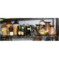 SHELF LOT INCL STEINS, VINTAGE JUGS AND COPPER AND